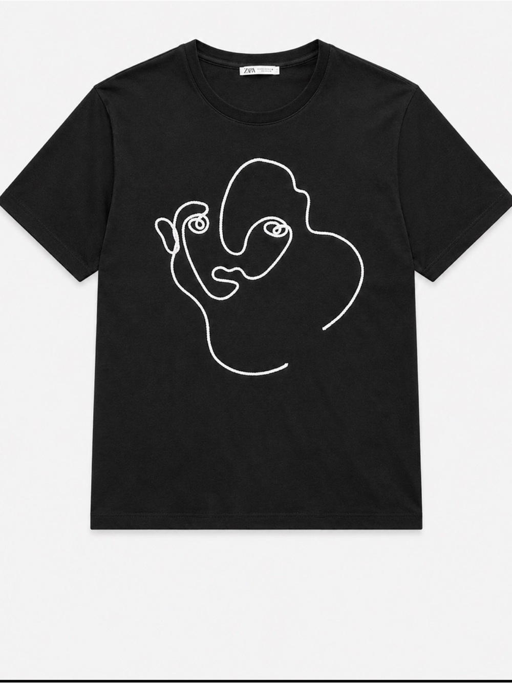 Zara Black Tee with White Line Art Face